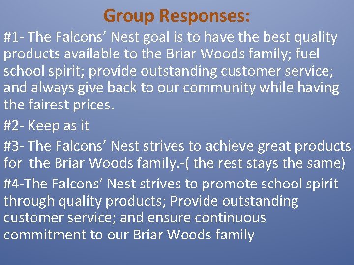 Group Responses: #1 - The Falcons’ Nest goal is to have the best quality