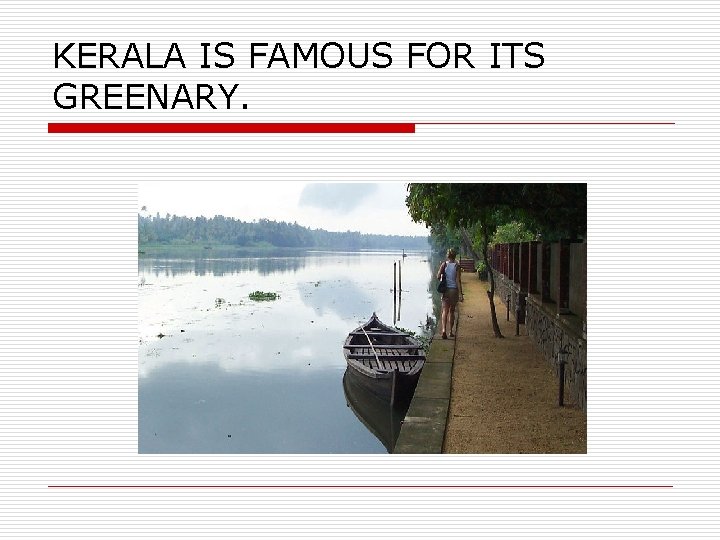 KERALA IS FAMOUS FOR ITS GREENARY. 