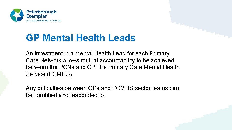 GP Mental Health Leads An investment in a Mental Health Lead for each Primary