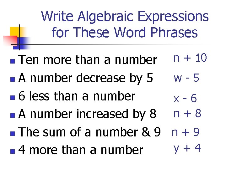 Write Algebraic Expressions for These Word Phrases Ten more than a number n +