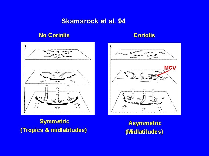 Skamarock et al. 94 No Coriolis MCV Symmetric (Tropics & midlatitudes) Asymmetric (Midlatitudes) 