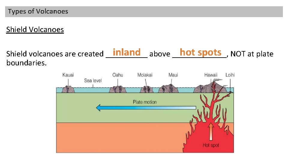 Shield Volcanoes inland above _______, hot spots NOT at plate Shield volcanoes are created