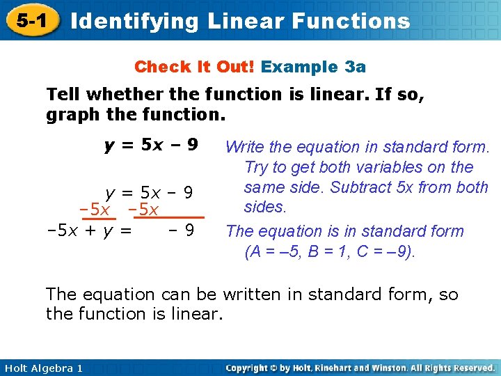 5 -1 Identifying Linear Functions Check It Out! Example 3 a Tell whether the