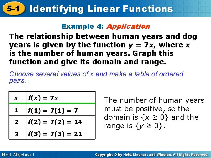 5 -1 Identifying Linear Functions Example 4: Application The relationship between human years and