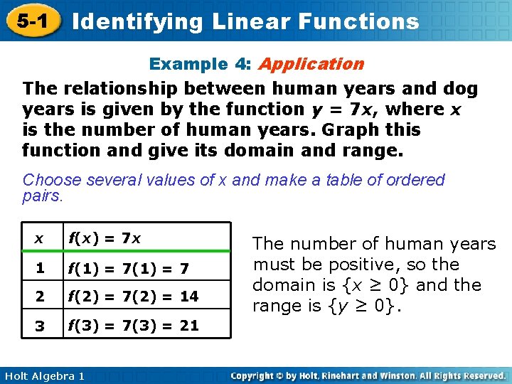 5 -1 Identifying Linear Functions Example 4: Application The relationship between human years and 5 -1 Identifying Linear Functions Example 4: Application The relationship between human years and