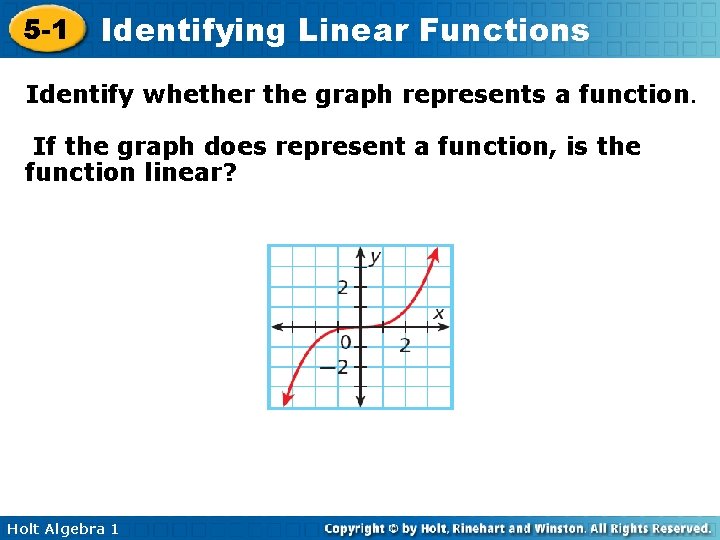5 -1 Identifying Linear Functions Identify whether the graph represents a function. If the 5 -1 Identifying Linear Functions Identify whether the graph represents a function. If the