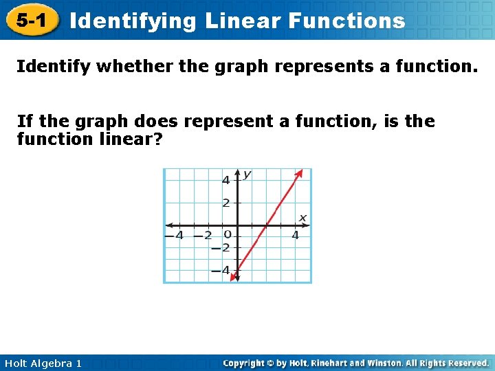 5 -1 Identifying Linear Functions Identify whether the graph represents a function. If the 5 -1 Identifying Linear Functions Identify whether the graph represents a function. If the