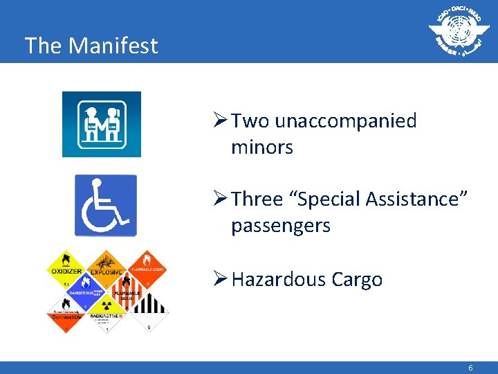 The Manifest Ø Two unaccompanied minors Ø Three “Special Assistance” passengers Ø Hazardous Cargo