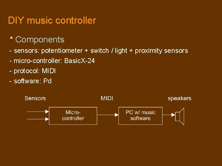 DIY music controller * Components - sensors: potentiometer + switch / light + proximity