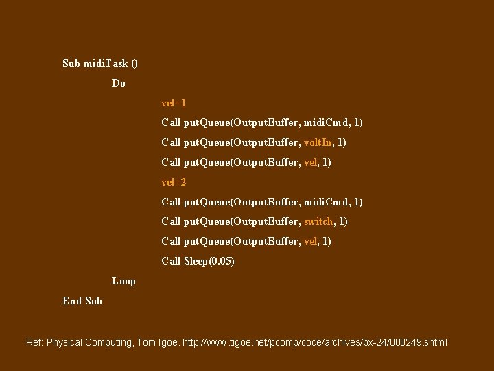 Sub midi. Task () Do vel=1 Call put. Queue(Output. Buffer, midi. Cmd, 1) Call