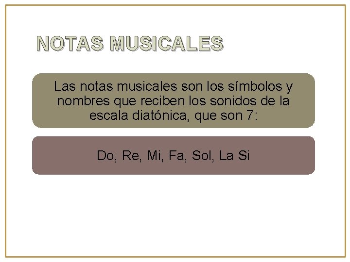 NOTAS MUSICALES Las notas musicales son los símbolos y nombres que reciben los sonidos