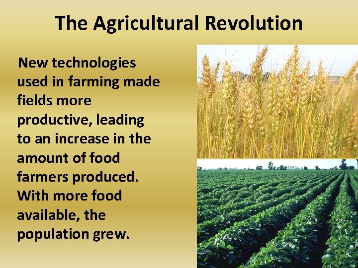 The Agricultural Revolution New technologies used in farming made fields more productive, leading to The Agricultural Revolution New technologies used in farming made fields more productive, leading to