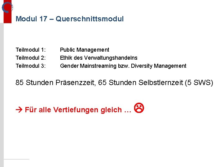 Modul 17 – Querschnittsmodul Teilmodul 1: Teilmodul 2: Teilmodul 3: Public Management Ethik des