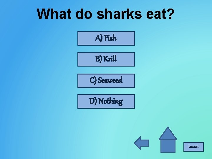 What do sharks eat? A) Fish B) Krill C) Seaweed D) Nothing lesson 