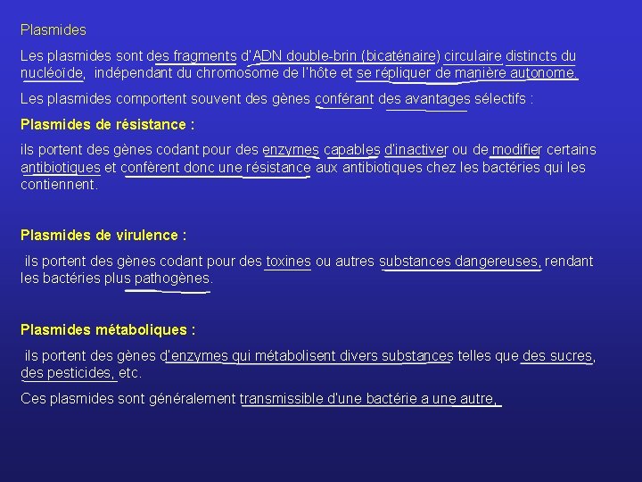 Plasmides Les plasmides sont des fragments d’ADN double-brin (bicaténaire) circulaire distincts du nucléoïde, indépendant