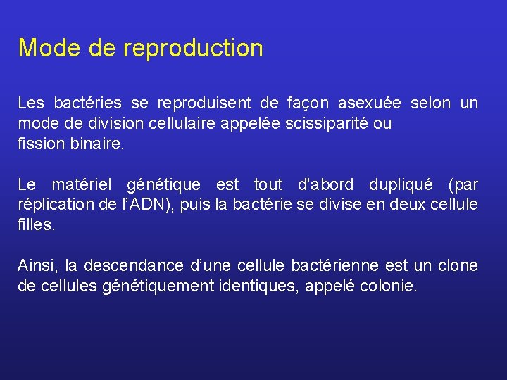 Mode de reproduction Les bactéries se reproduisent de façon asexuée selon un mode de