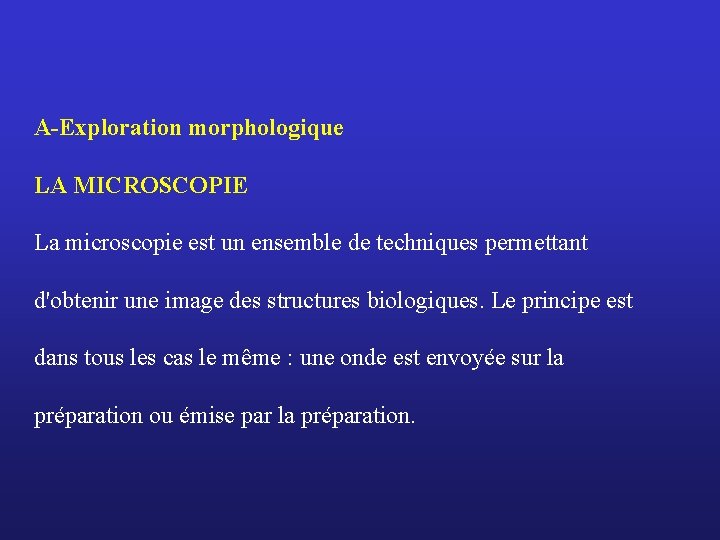 A-Exploration morphologique LA MICROSCOPIE La microscopie est un ensemble de techniques permettant d'obtenir une