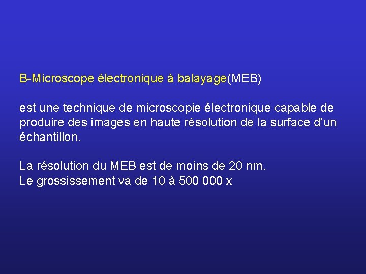 B-Microscope électronique à balayage(MEB) est une technique de microscopie électronique capable de produire des