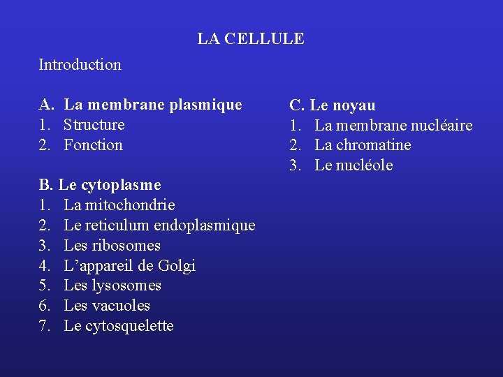 LA CELLULE Introduction A. La membrane plasmique 1. Structure 2. Fonction B. Le cytoplasme