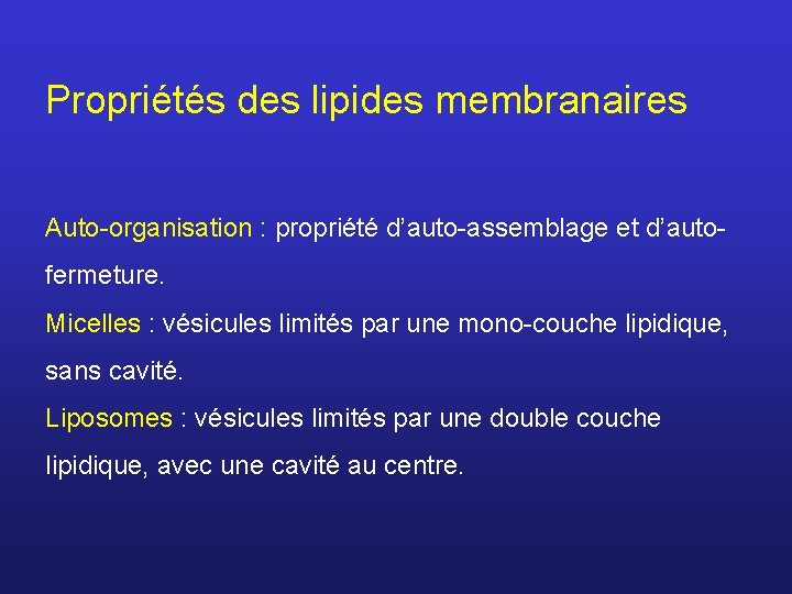 Propriétés des lipides membranaires Auto-organisation : propriété d’auto-assemblage et d’autofermeture. Micelles : vésicules limités