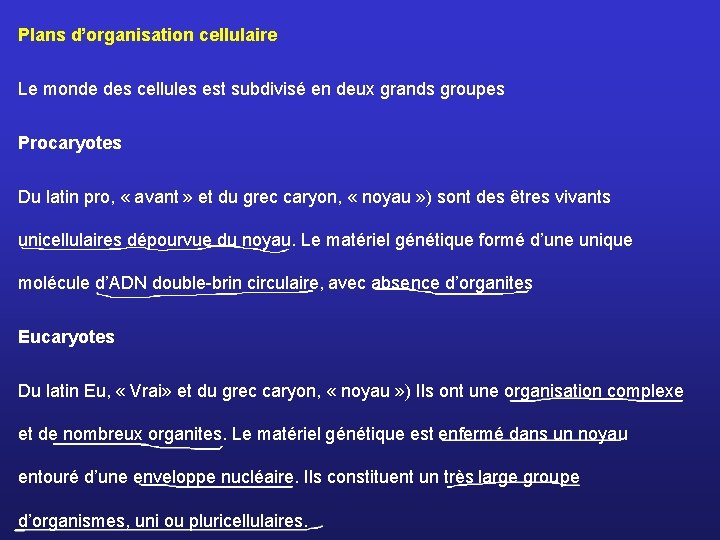 Plans d’organisation cellulaire Le monde des cellules est subdivisé en deux grands groupes Procaryotes