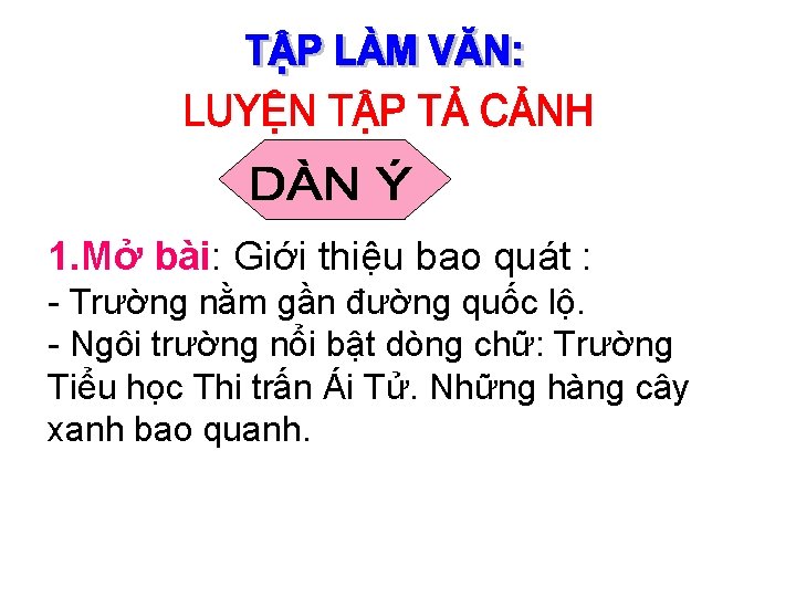 1. Mở bài: Giới thiệu bao quát : - Trường nằm gần đường quốc