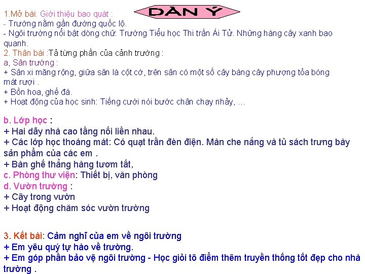 1. Mở bài: Giới thiệu bao quát : - Trường nằm gần đường quốc