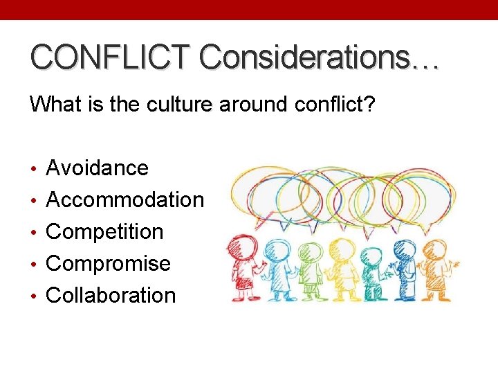 CONFLICT Considerations… What is the culture around conflict? • Avoidance • Accommodation • Competition