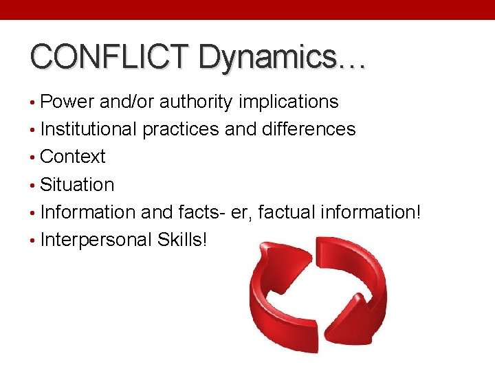 CONFLICT Dynamics… • Power and/or authority implications • Institutional practices and differences • Context