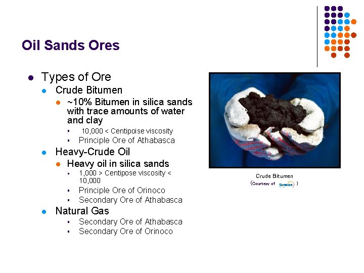 Oil Sands Ores l Types of Ore l Crude Bitumen l l ~10% Bitumen