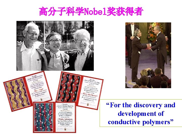 高分子科学Nobel奖获得者 “For the discovery and development of conductive polymers” 