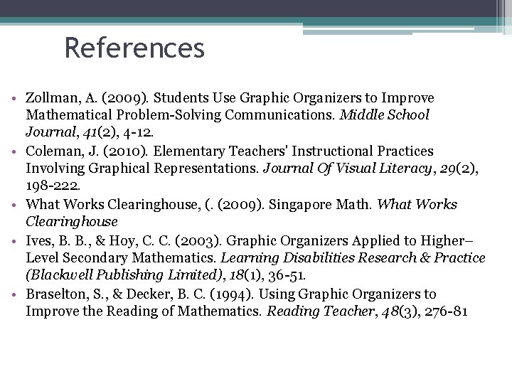 References • Zollman, A. (2009). Students Use Graphic Organizers to Improve Mathematical Problem-Solving Communications.