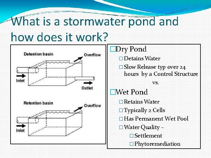 What is a stormwater pond and how does it work? �Dry Pond � Detains