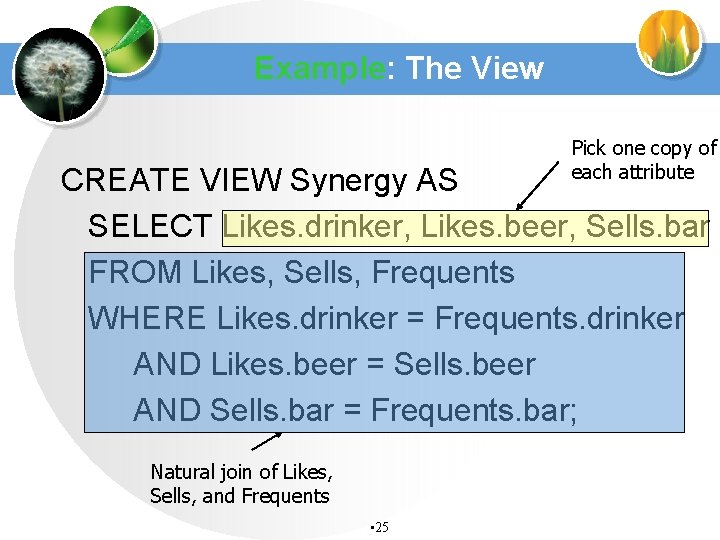 Example: The View Pick one copy of each attribute CREATE VIEW Synergy AS SELECT