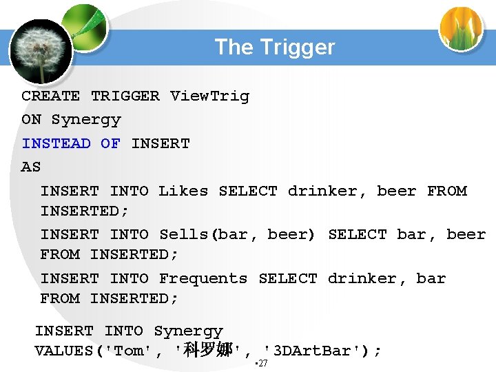 The Trigger CREATE TRIGGER View. Trig ON Synergy INSTEAD OF INSERT AS INSERT INTO