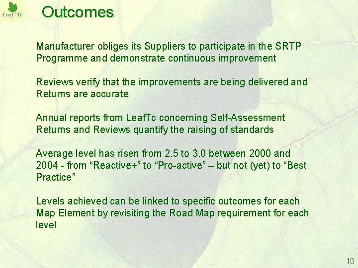 Outcomes Manufacturer obliges its Suppliers to participate in the SRTP Programme and demonstrate continuous