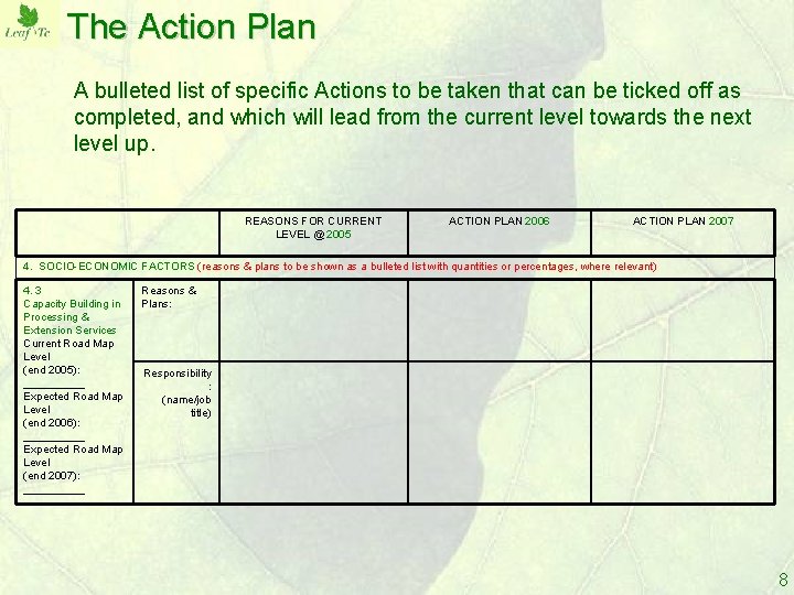 The Action Plan A bulleted list of specific Actions to be taken that can