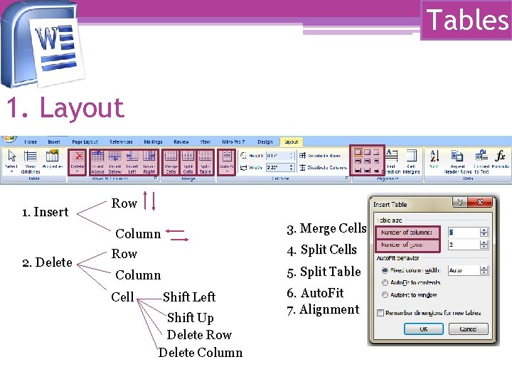 Tables 1. Layout 1. Insert Row 3. Merge Cells Column 2. Delete 4. Split Tables 1. Layout 1. Insert Row 3. Merge Cells Column 2. Delete 4. Split