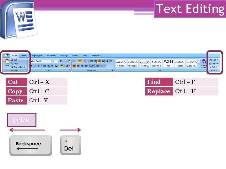Text Editing Cut Ctrl + X Find Copy Ctrl + C Replace Ctrl + Text Editing Cut Ctrl + X Find Copy Ctrl + C Replace Ctrl +