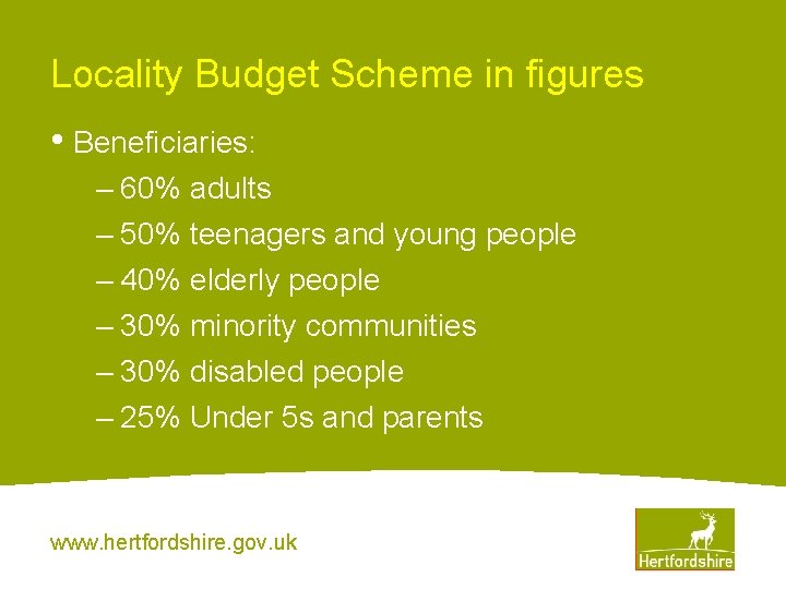 Locality Budget Scheme in figures • Beneficiaries: – 60% adults – 50% teenagers and