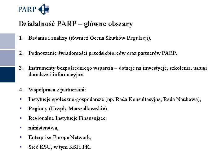 Działalność PARP – główne obszary 1. Badania i analizy (również Ocena Skutków Regulacji). 2.