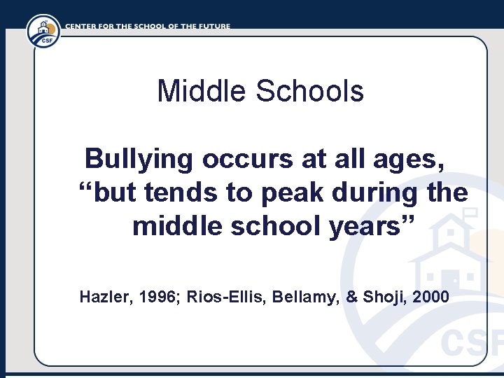 Middle Schools Bullying occurs at all ages, “but tends to peak during the middle