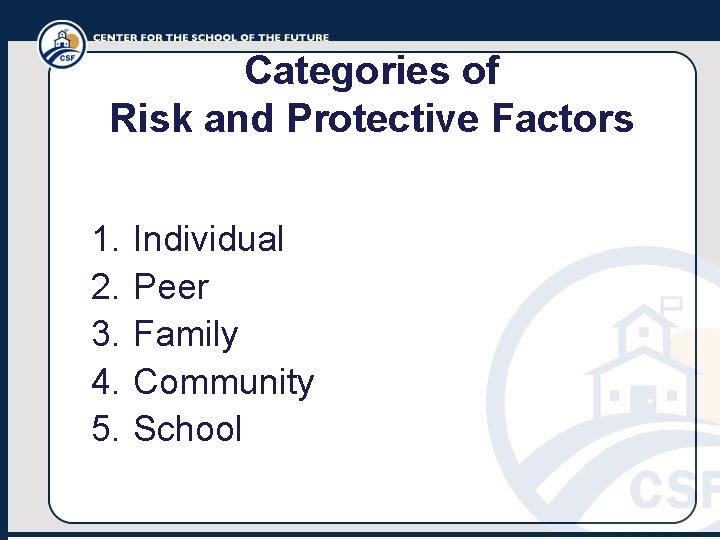 Categories of Risk and Protective Factors 1. 2. 3. 4. 5. Individual Peer Family