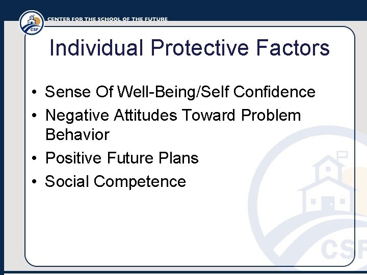 Individual Protective Factors • Sense Of Well-Being/Self Confidence • Negative Attitudes Toward Problem Behavior