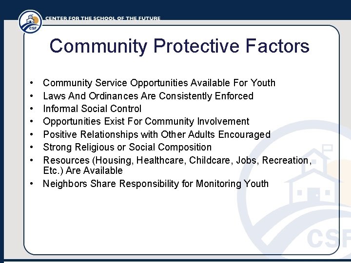 Community Protective Factors • • Community Service Opportunities Available For Youth Laws And Ordinances