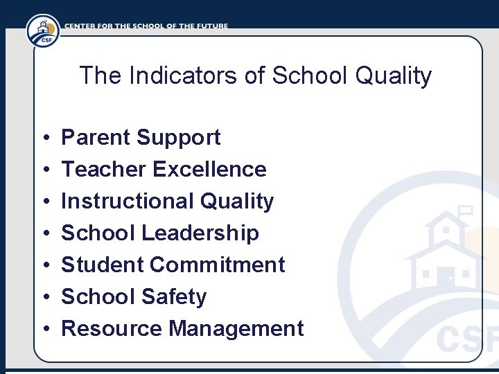 The Indicators of School Quality • • Parent Support Teacher Excellence Instructional Quality School