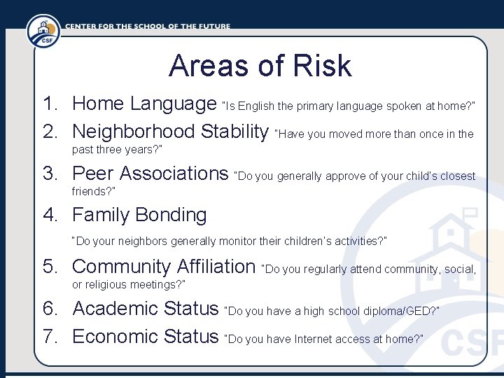 Areas of Risk 1. Home Language “Is English the primary language spoken at home?
