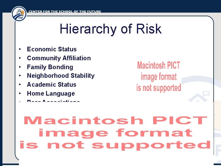 Hierarchy of Risk • • Economic Status Community Affiliation Family Bonding Neighborhood Stability Academic