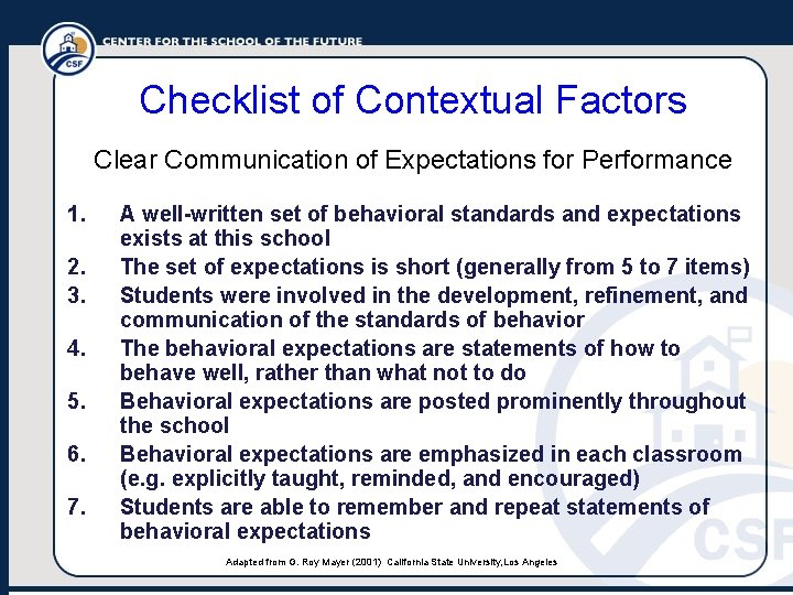 Checklist of Contextual Factors Clear Communication of Expectations for Performance 1. 2. 3. 4.