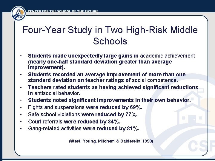 Four-Year Study in Two High-Risk Middle Schools • • Students made unexpectedly large gains